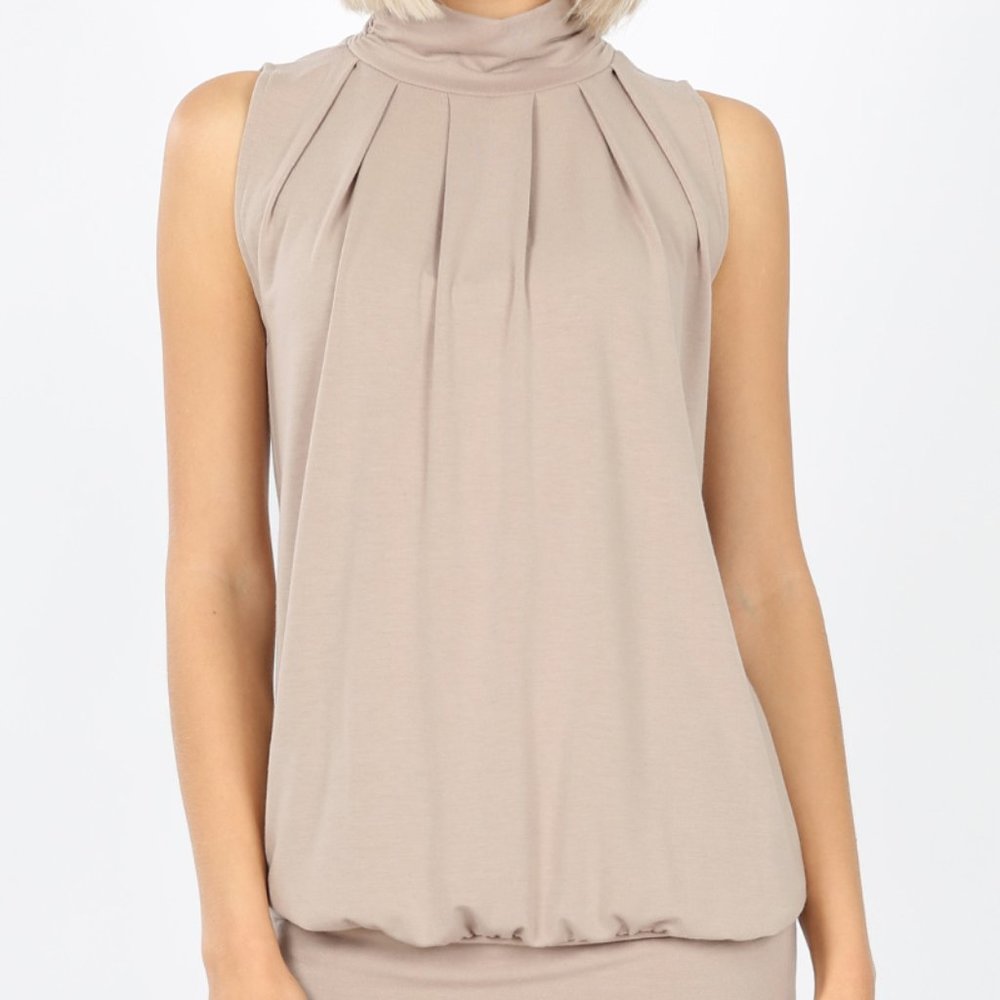SLEEVELESS HIGH NECK PLEATED TOP WITH WAISTBAND